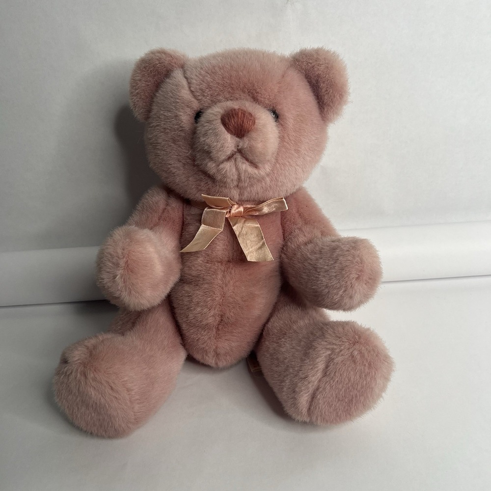 Rare VTG 1989‎ Dakin Dusty Pink Jointed Teddy Bear Bow Plush Stuffed  Animal 14"